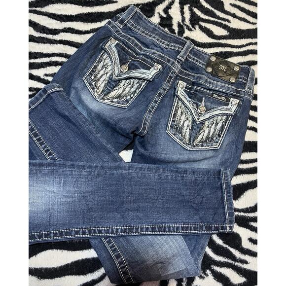MISS me SZ 28 Women's Signature Rise Bootcut Jeans Wings Dark Blue Y2K Biker - Picture 1 of 8